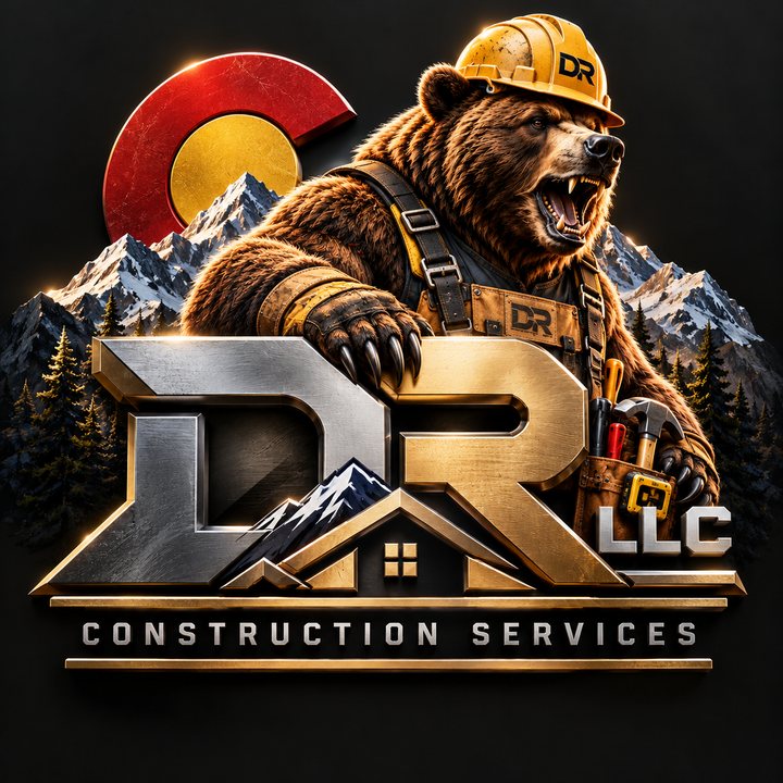 DR LLC Construction Services: a grizzly bear in a hard hat over the Colorado C and the Rocky Mountains